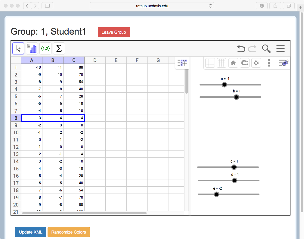 The MathNet spreadsheet view seen by Student 1.