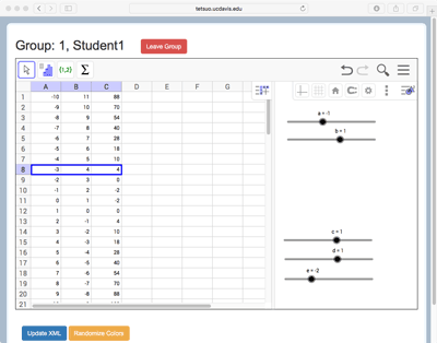The MathNet spreadsheet view seen by Student 1.