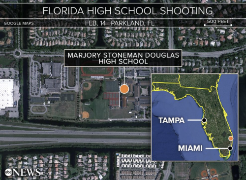 Map and satellite image from TV news showing the location of the shooting