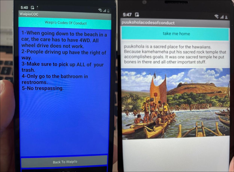 Images of students' Code of Conduct apps running on a phone