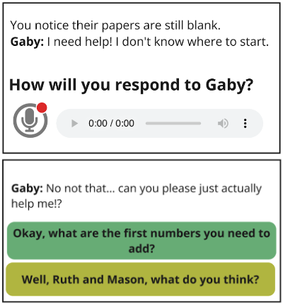 Screenshot showing a simulated student's reply to a prompt and the possible teacher responses
